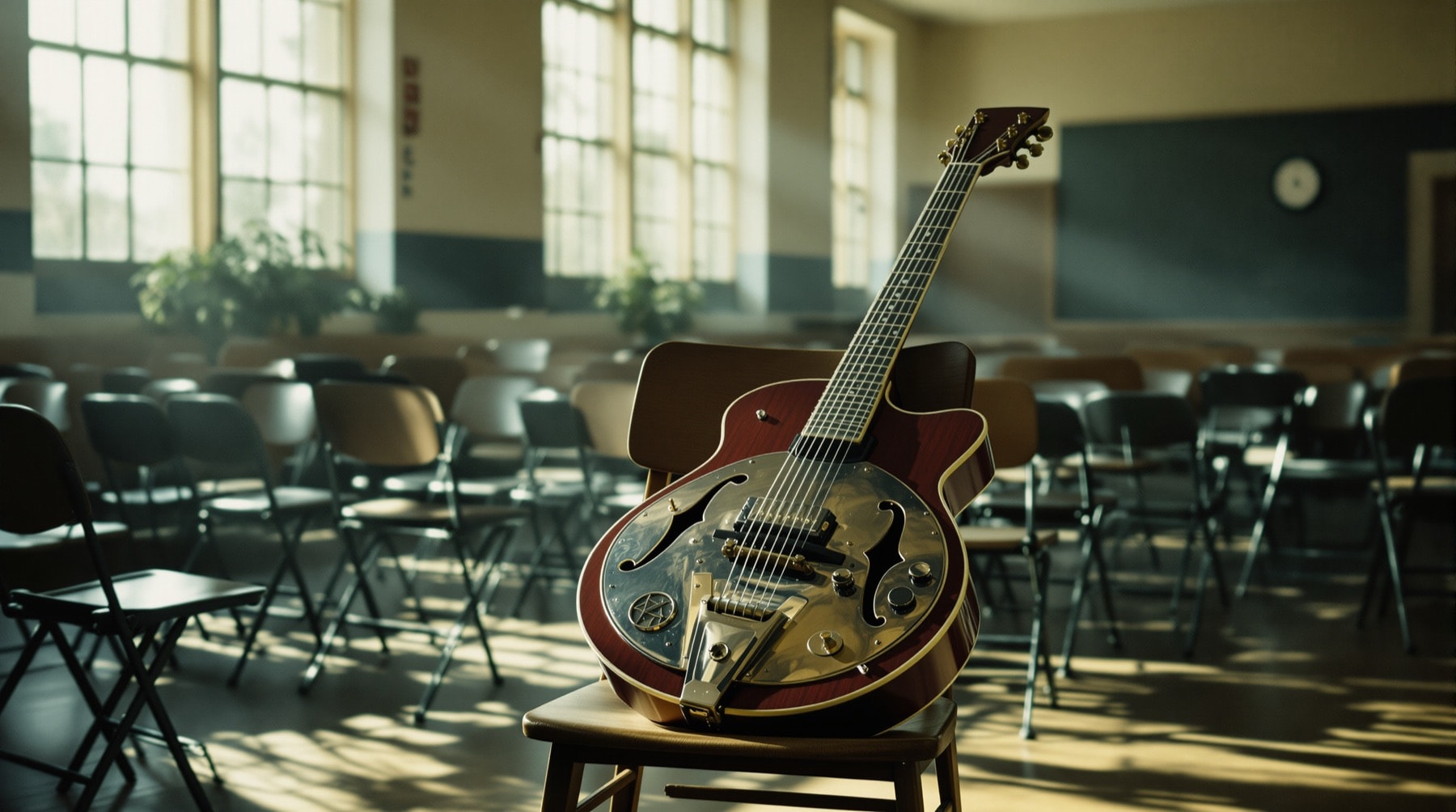 A resonator guitar on a chair in an empty classroom set up for a workshop
